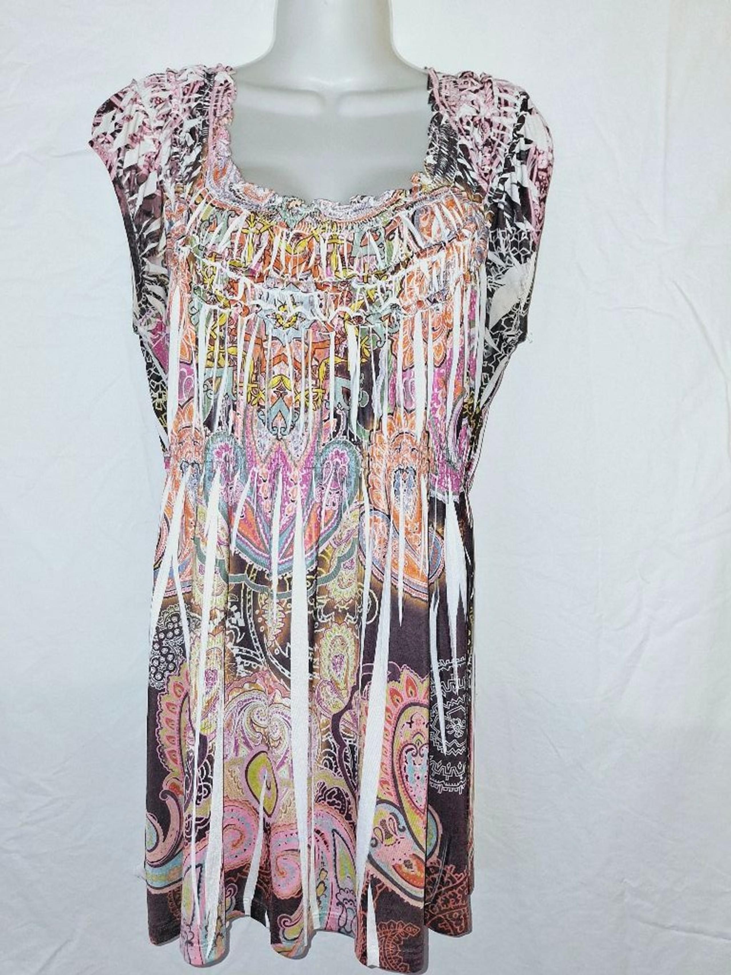 One world sz large stretch tunic babydoll crinkle colorful boho blouse