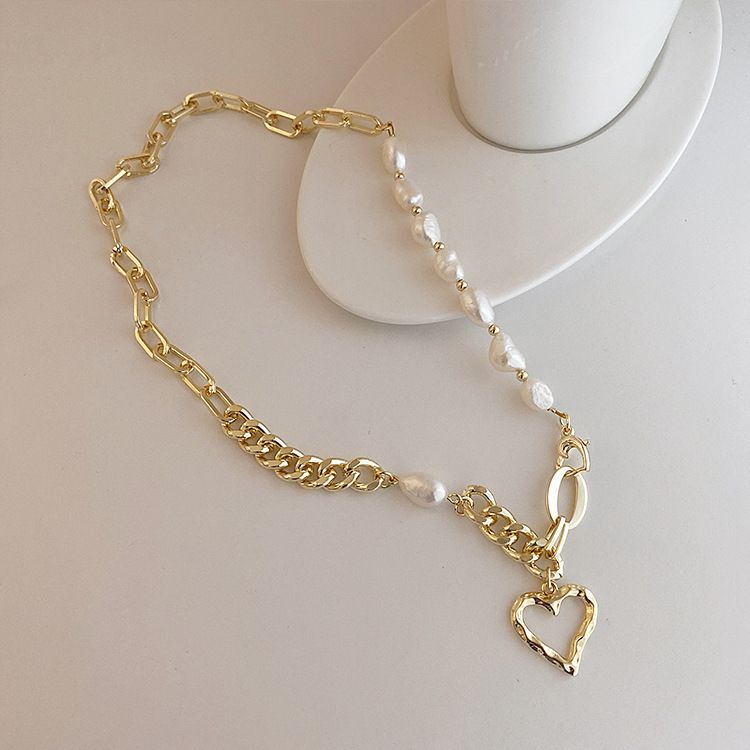 Vintage French Freshwater Pearl Love Metal Necklace Female Simple Versatile Temp