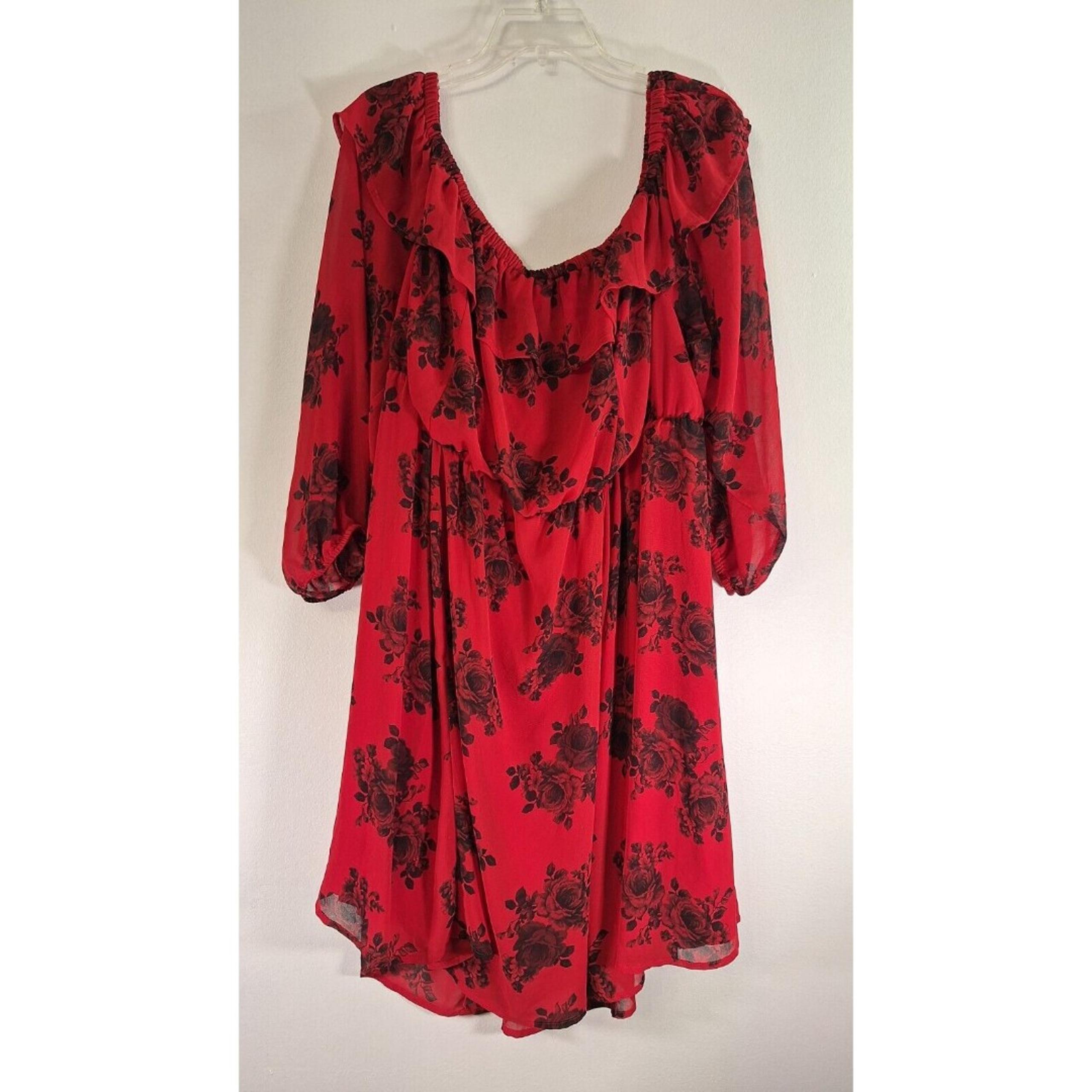 TORRID Fit n Flare Red Floral Chiffon Midi Dress Sz 4(3x) Fairy Baby Doll Witchy