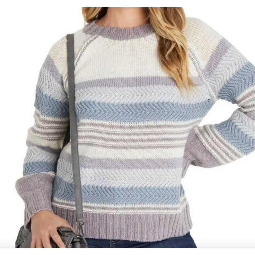 VICI Oakwood striped crewneck wool blend beige/lilac Women knit Sweater SzXL NEW