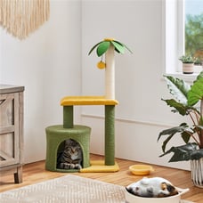 Upholstered 2-Level 37 Coconut Palm Cat Tree with Bending Perch, Gree/Yellow