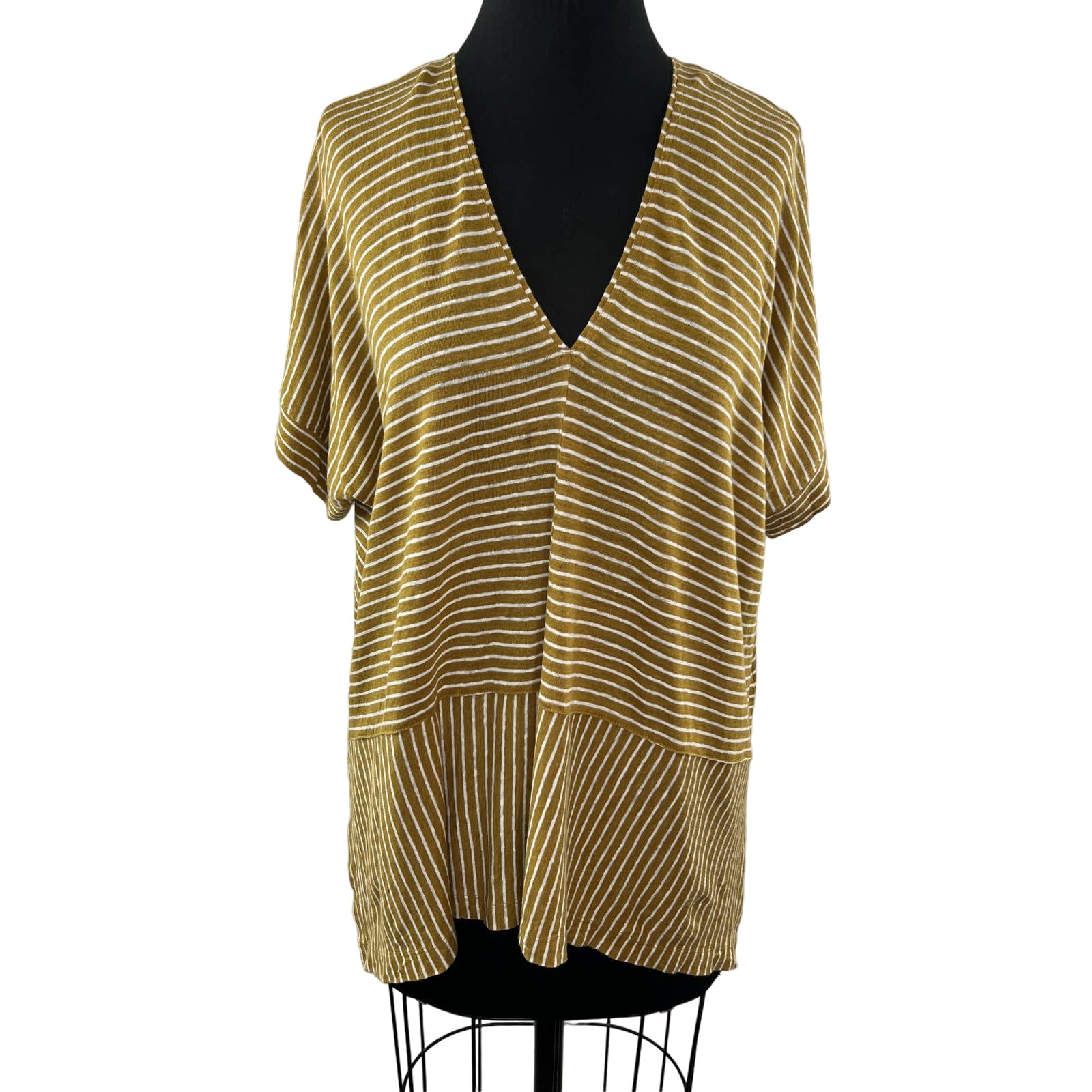 POETRY Brown Striped Linen V-Neck Dolman Side Slit Tunic Top Relaxed Casual 12