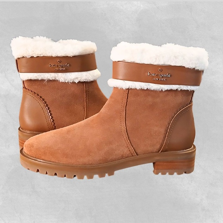 Kate Spade Ankle Bootie Women 6 Brown White Suede Bailee Winter Fur Zip KA166
