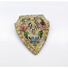 Vintage Art Deco Dress Clip, Pot Metal with Clear and Pastel Paste Stone Flowers