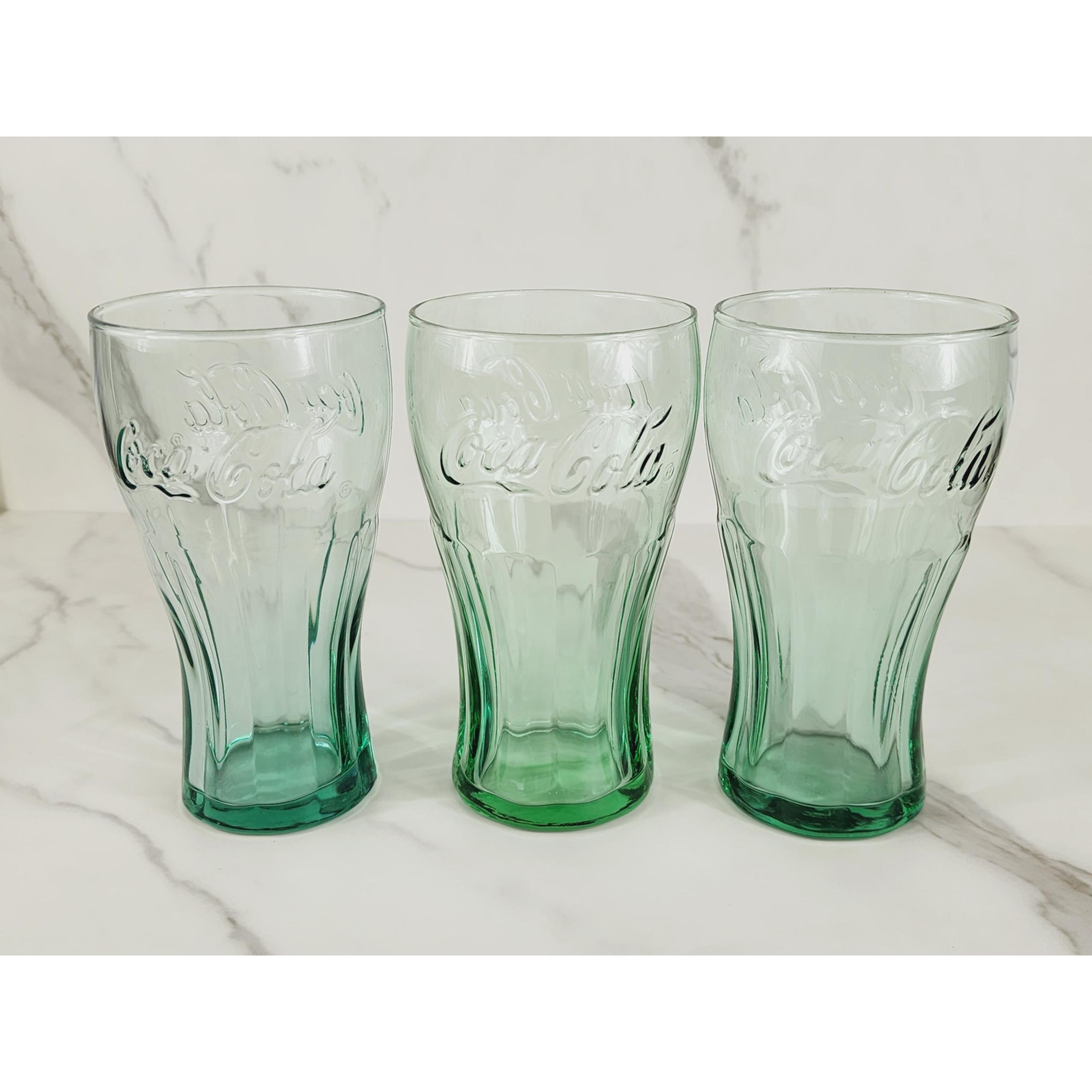 Coca Cola Libbey Drinking Glasses 17oz Tumbler Embossed Logo Retro Green x3