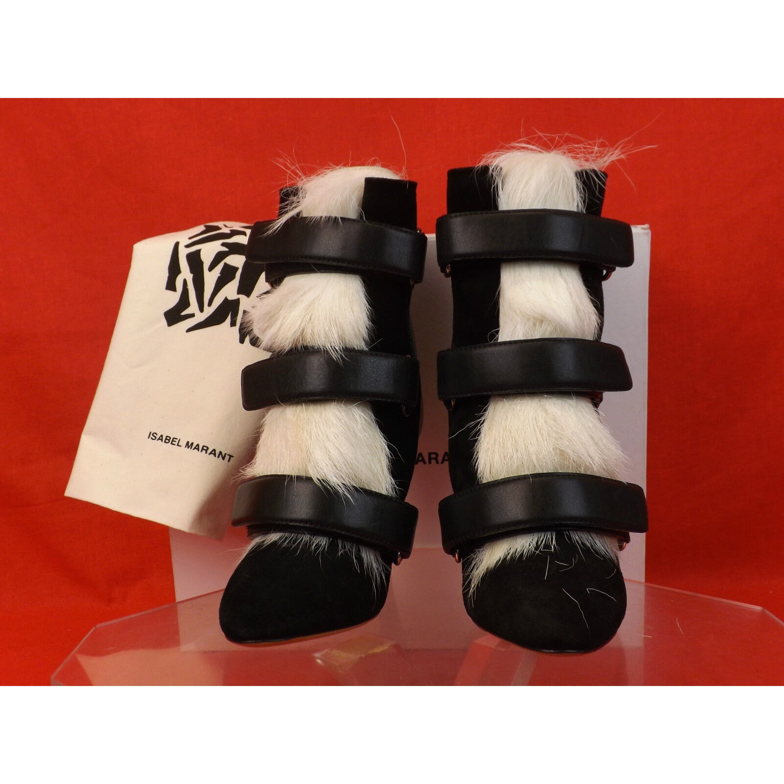 NIB ISABEL MARANT PIERCE BLACK LEATHER SUEDE FUR BELTED ANKLE BOOTS 36 6 1500