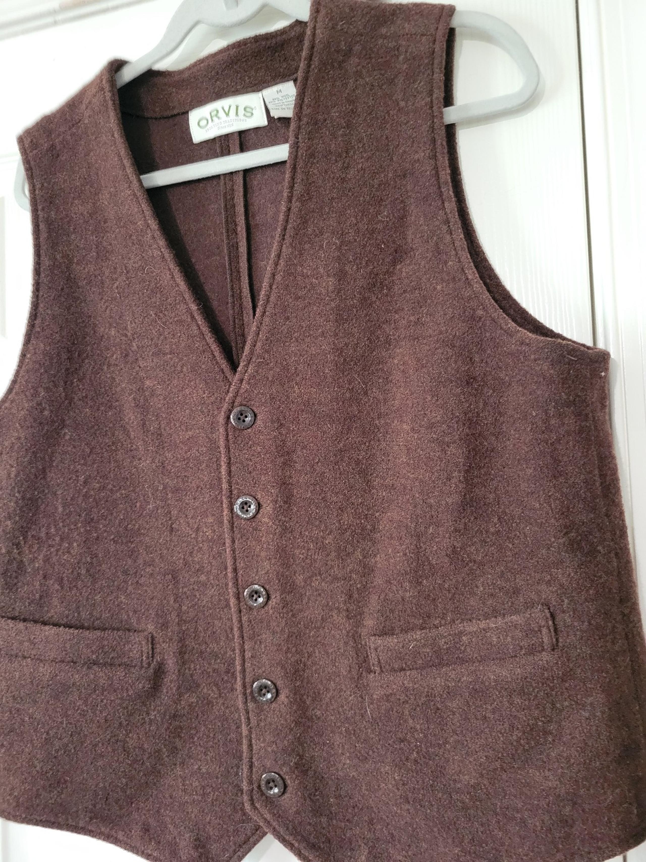 Orvis Mens Boiled Wool Blend  Waistcoat Vest Pockets Medium Brown Buttondown