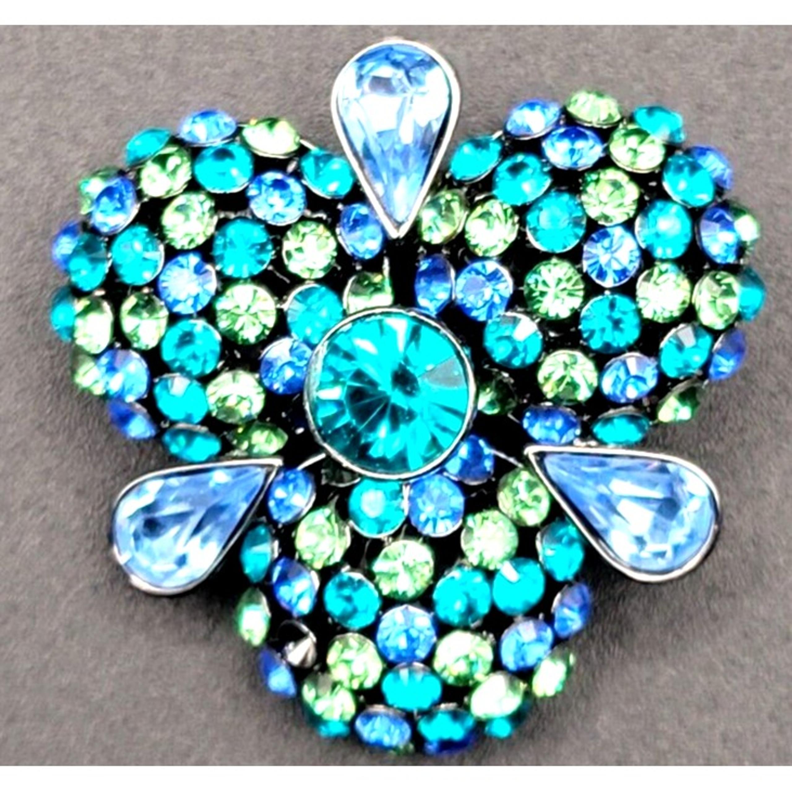 JOAN RIVERS BLUE GREEN RHINESTONES FLORAL BROOCH PIN PENDANT  SIGNED VINTAGE