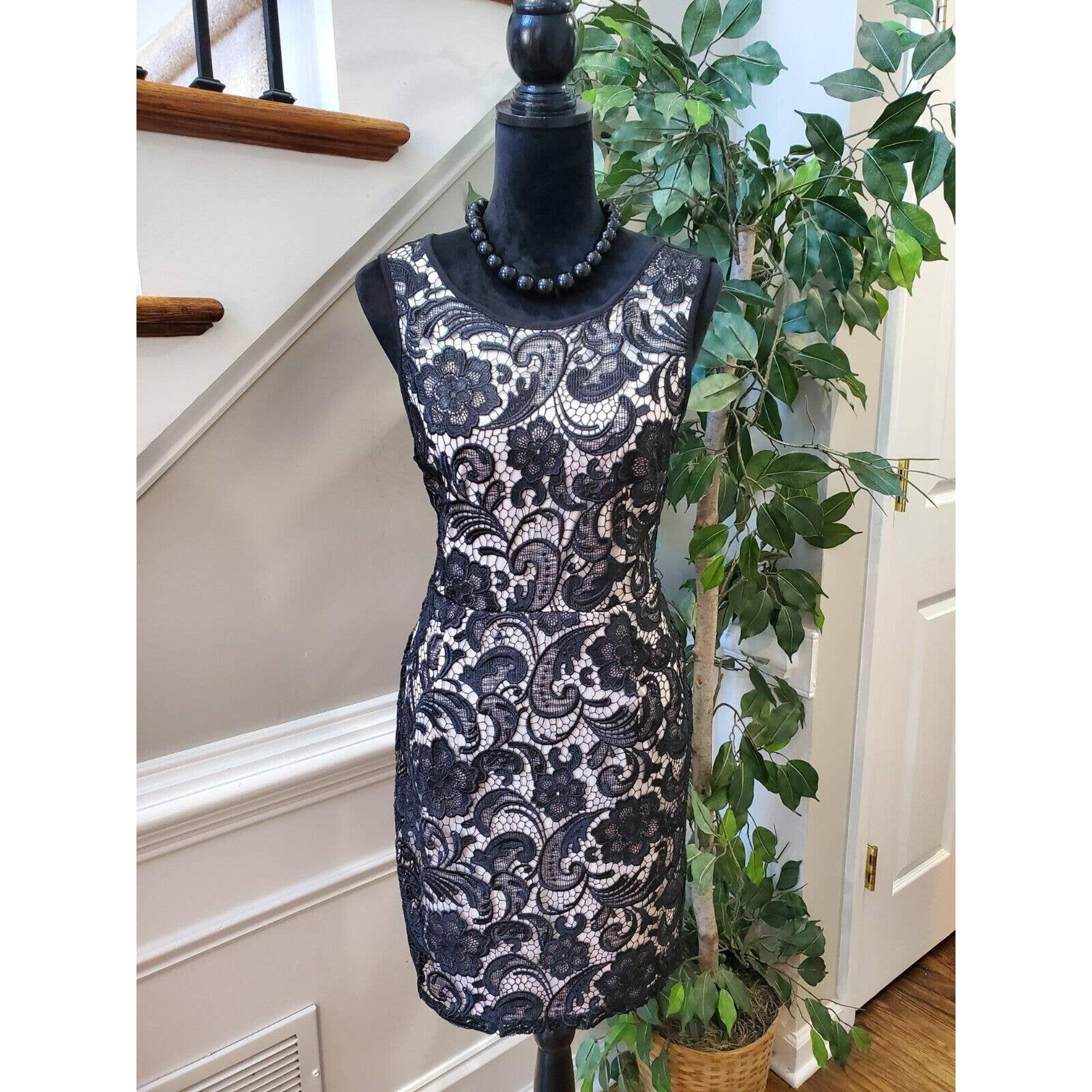 H&M Womens Cream Black Lace Floral Sleeveless Back Zip Knee Length Dress Medium