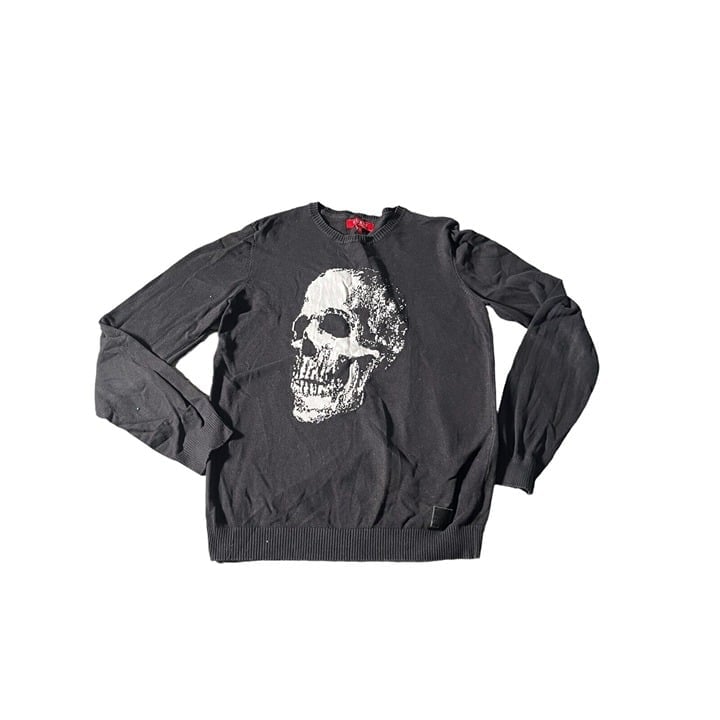 Guess Sweater Men's Medium Black Knit Skull Print Crew Neck Pullover Classic C1