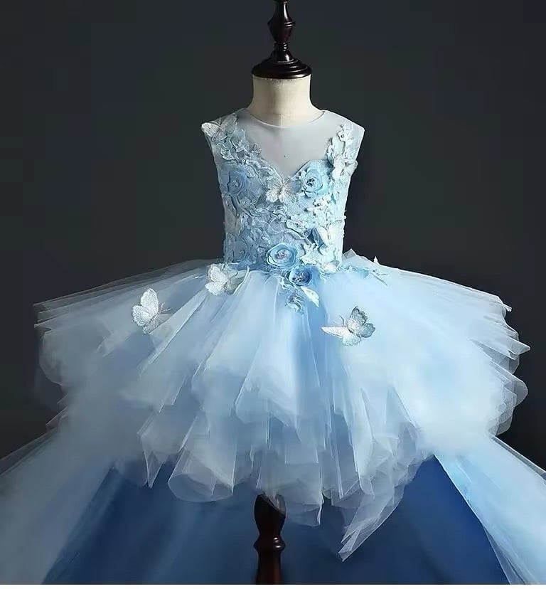 Luxury children’s formal butterfly floral dress tulle with removable train