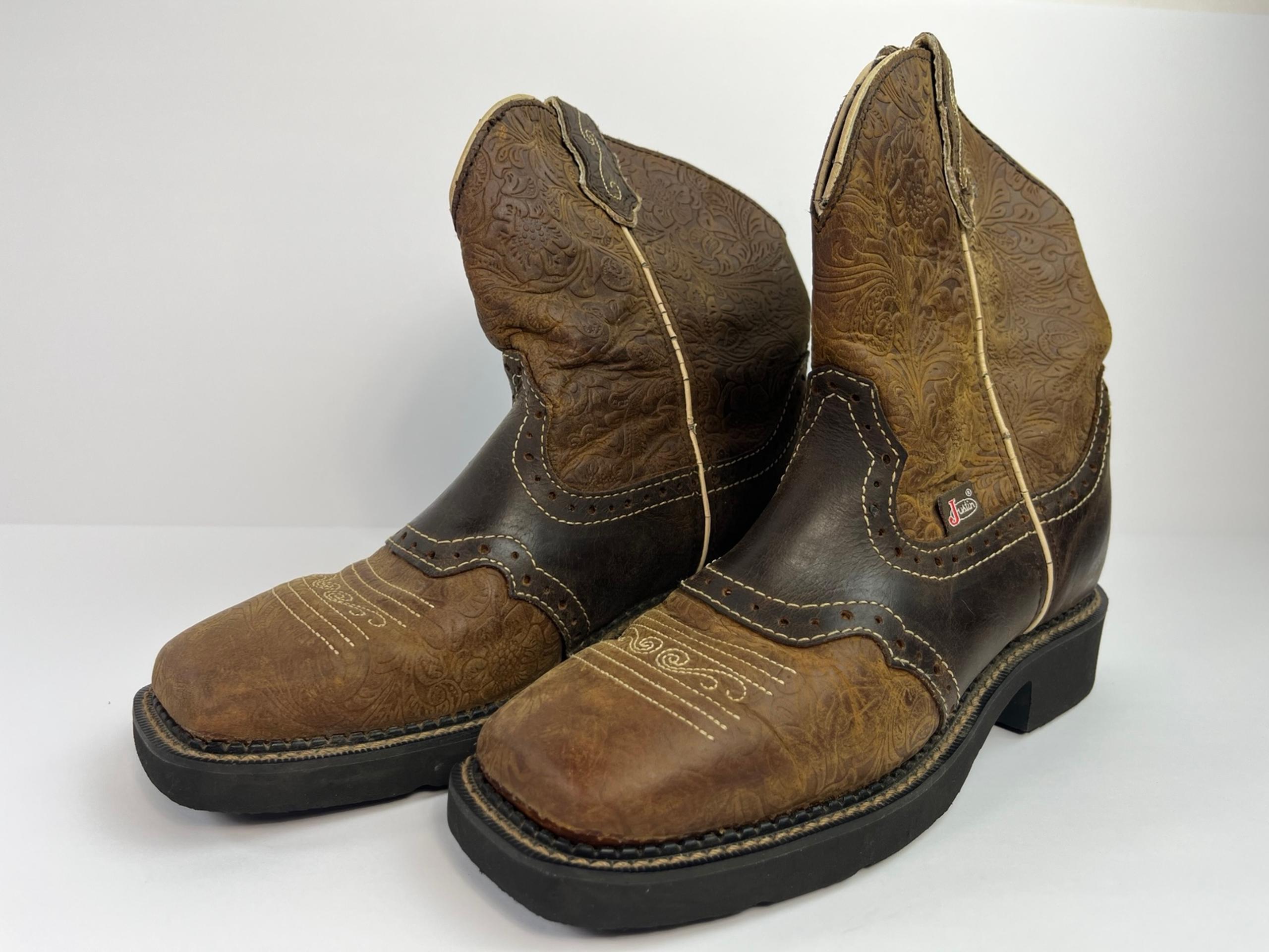 Justin L9618 Women's 7.5B Brown Floral Tooled Leather Square Toe Western Boots - Justin Boots