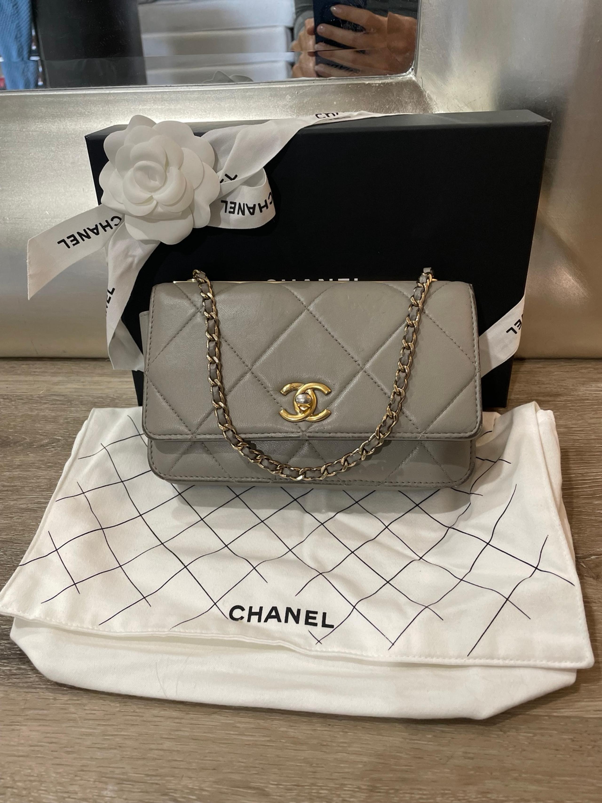 Chanel Grey/Gray Lambskin Quilted CC Wallet On Chain w/ Champagne Gold Hardware