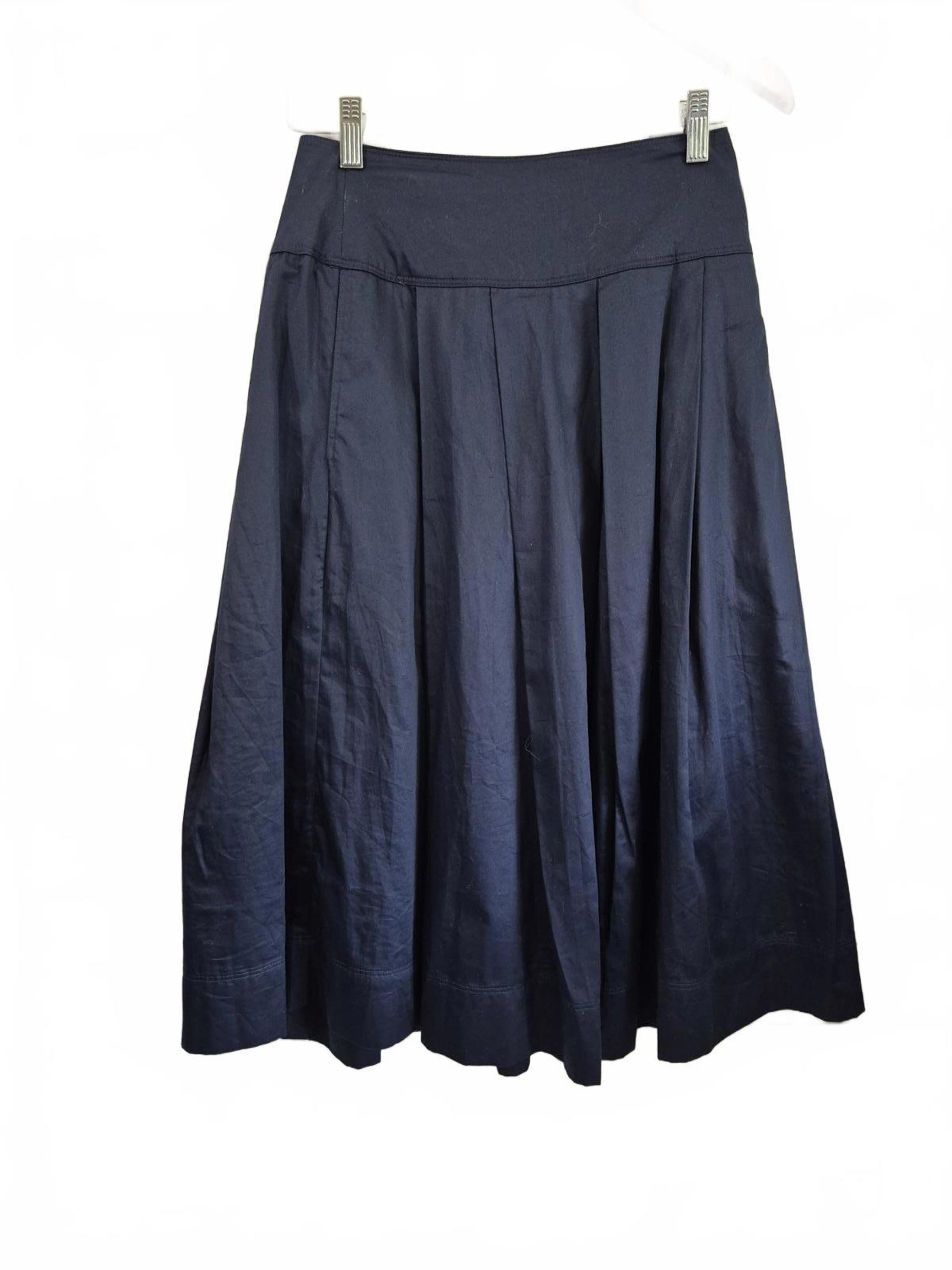 Gap Ladies Navy Blue 100% Cotton Pleated Midi A-Line Skirt Side Zip