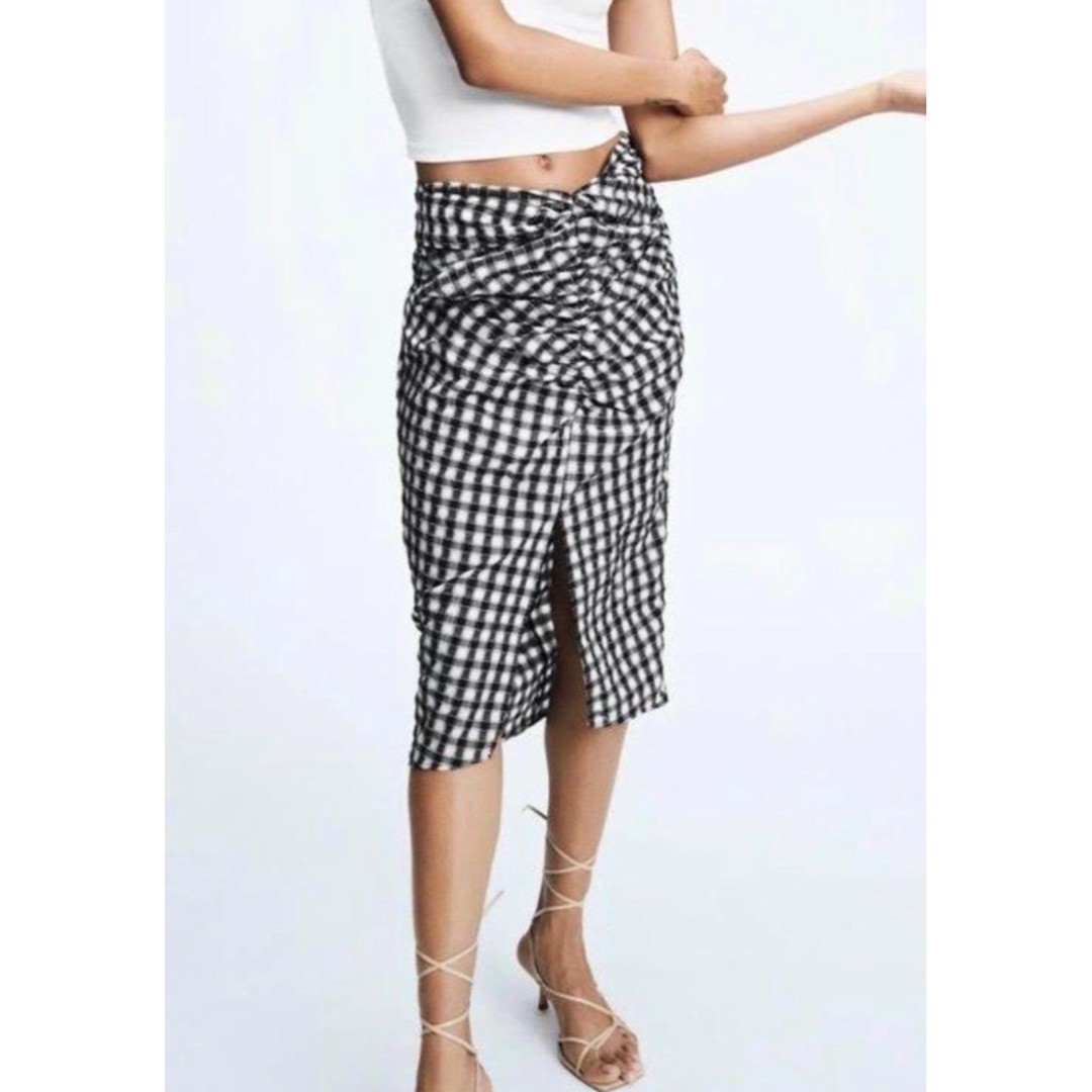 ZARA Plaid Ruched Tie Knot Slit Black White Midi Skirt