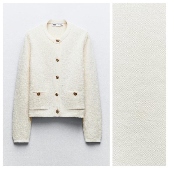 NWT. Zara White Cotton Blend Round Neck Cardigan with Golden Buttons. Size M.
