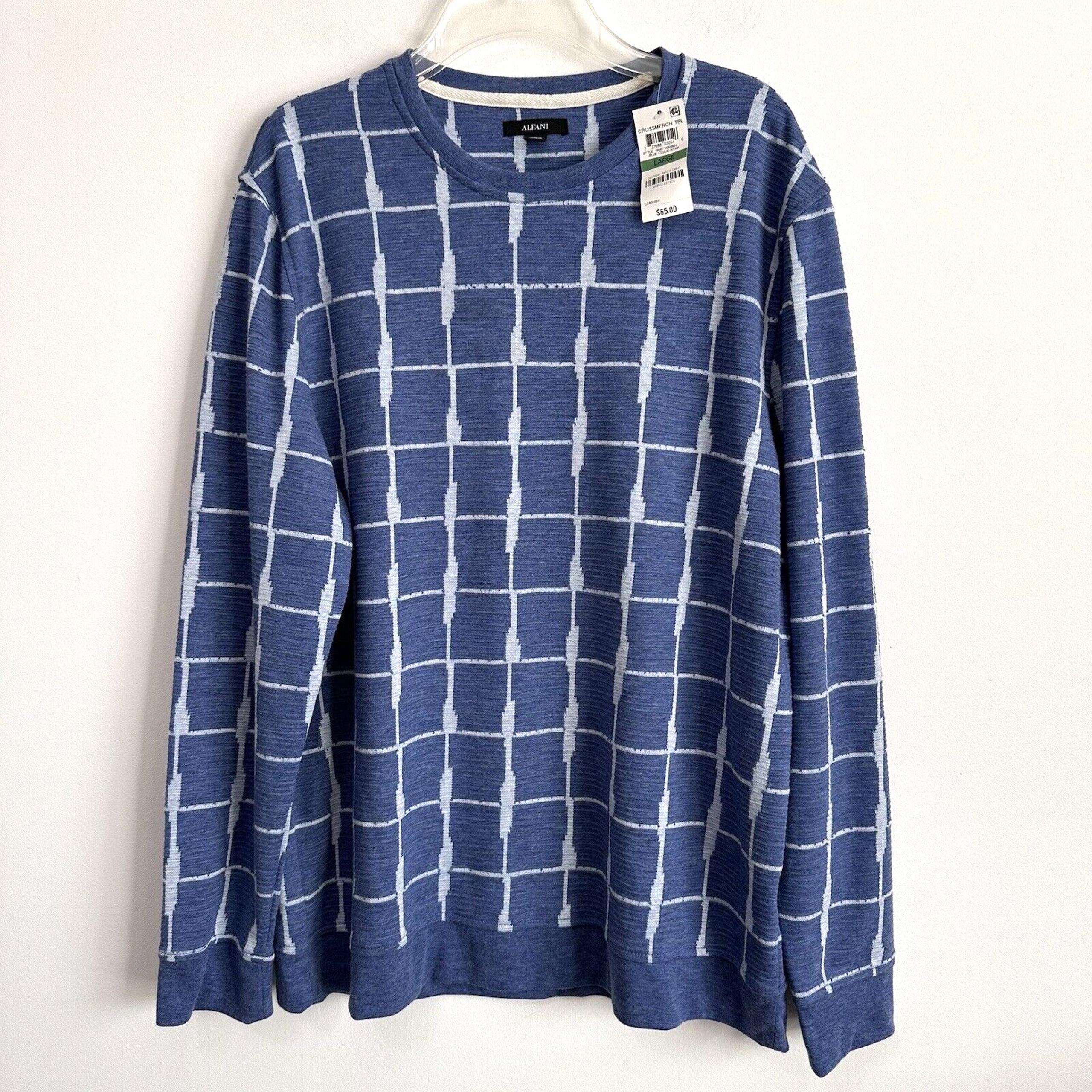 Alfani Mens Sweater L Blue Cloud Textured Grid Pullover Crewneck Long Sleeve NEW