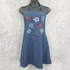 Avon Vintage Denim Halter Dress 12 Blue Colorful Embroidered Florals Y2K Retro