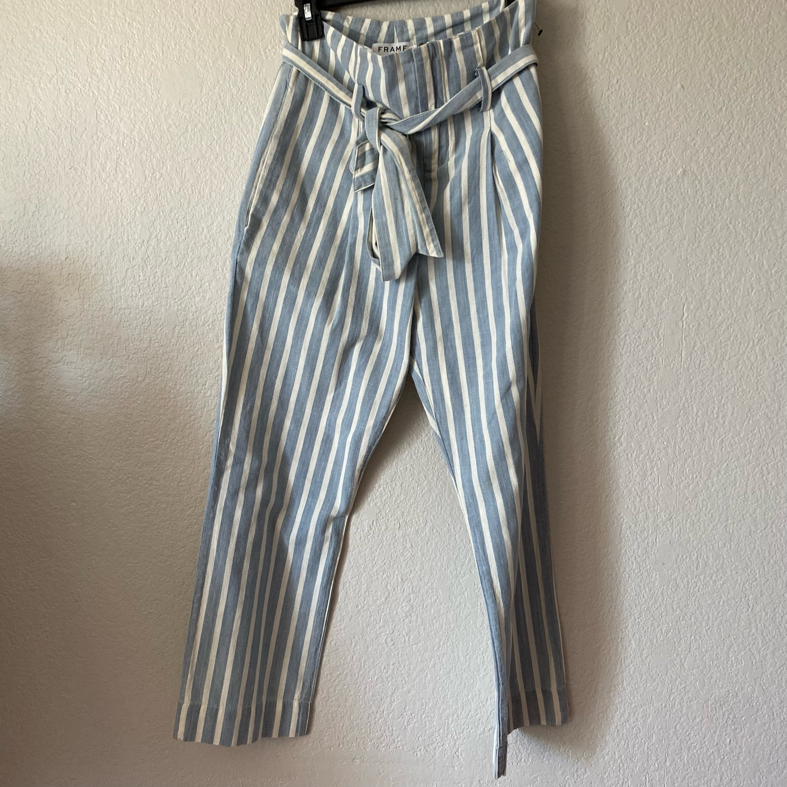 Frame High Waist Tie Belt Striped Pants Blue Size 26