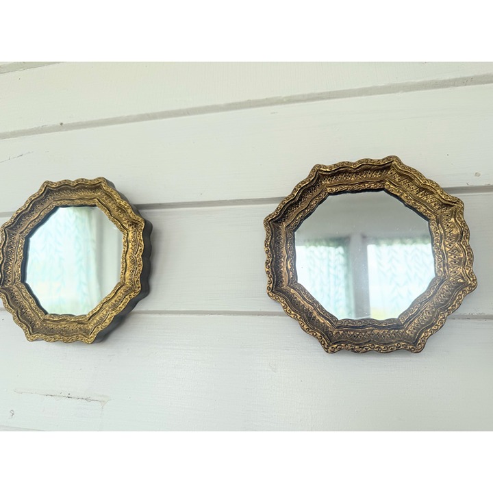 Vintage 1960s Pair of Plastic Ornate Gold Gilt Octagonal Wall Mirrors