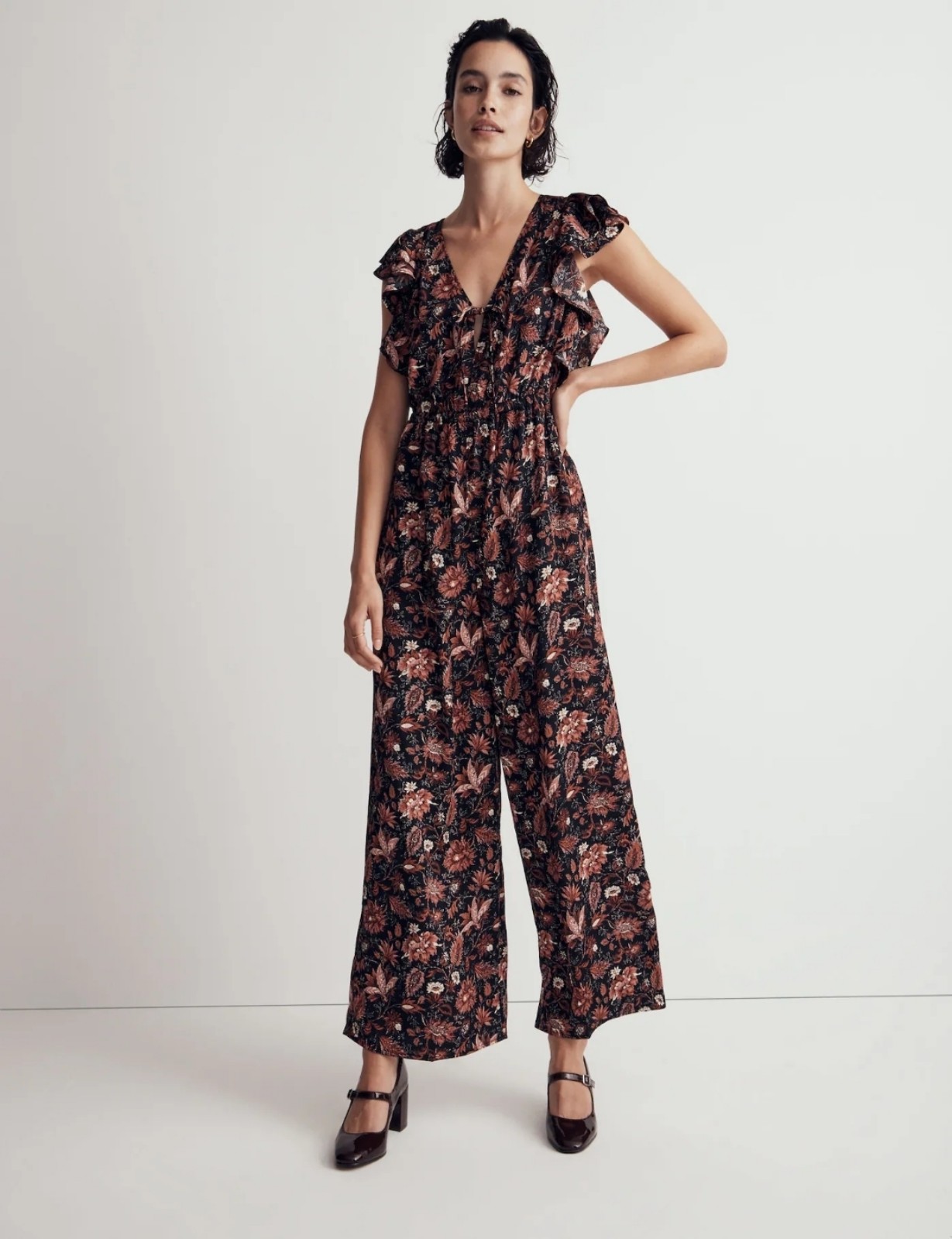 Madewell Deep-V Ruffled Jumpsuit in Pampas Blooms Boho Dark Romantic sz L NWT