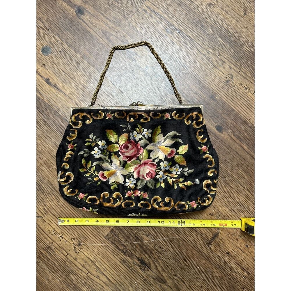 Vintage Christine Custom Bags Detroit Michigan Needlepoint Handbag Black Floral