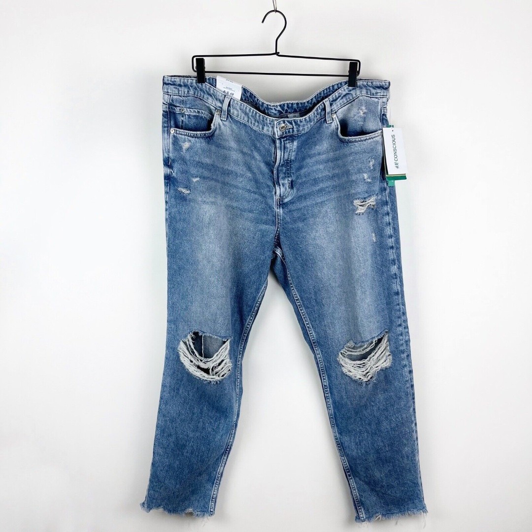 H&M Denim Boyfriend Low Waist Loose Fit Women's Blue Distressed Jeans NWT