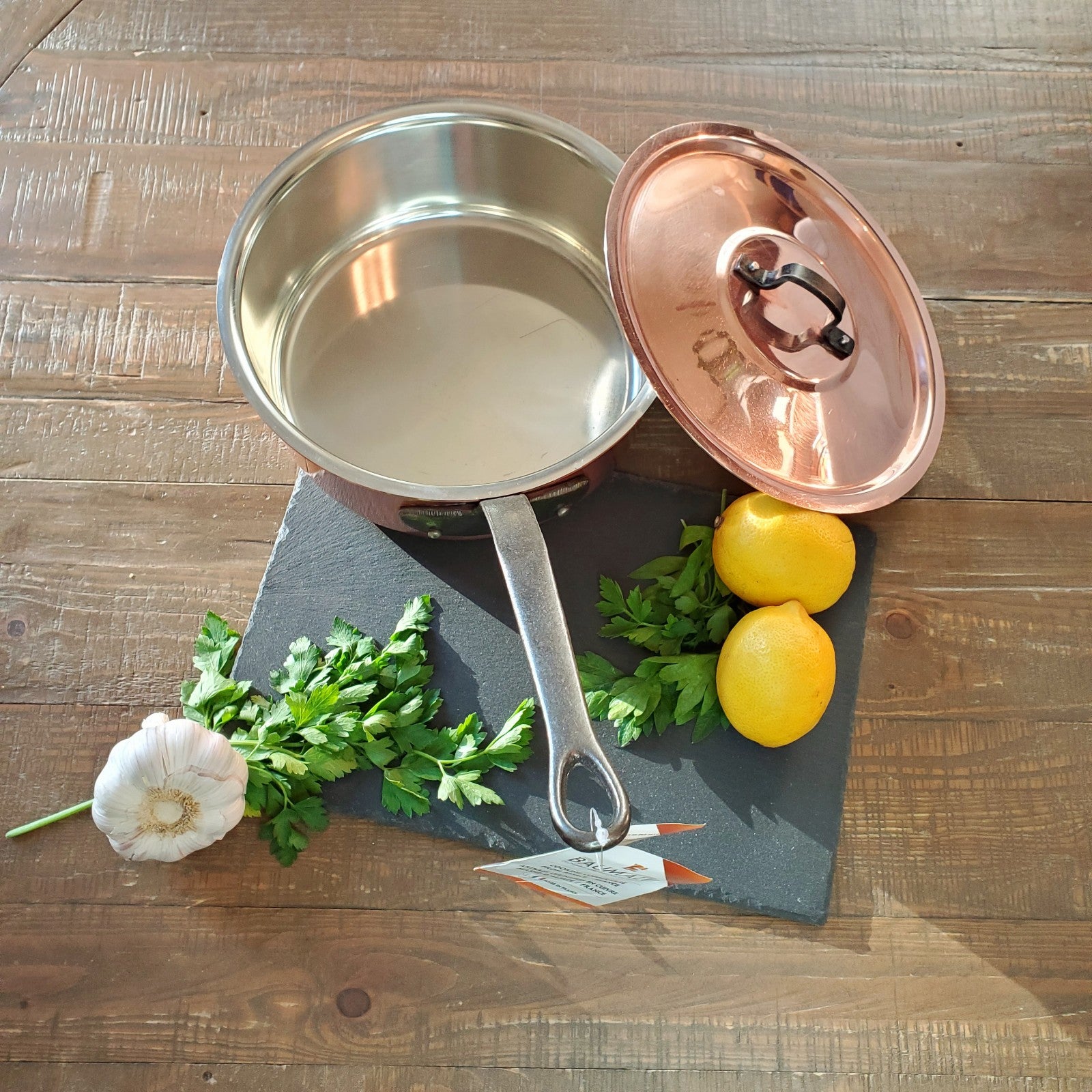 BAUMALU Handmade in France Solid Copper Sauté Pan W Lid & Cast Iron Handle
