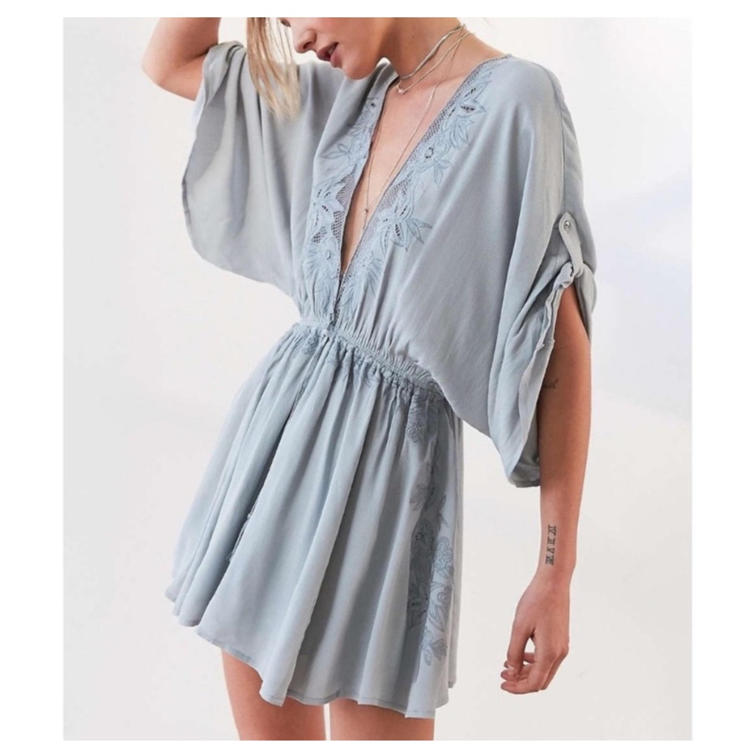 ASTR the label Romper size Small dusty blue boho shorts jumpsuit embroidered