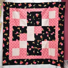VINTAGE CRAZY QUILTS BLACK W/RED FLOWERS 45 X 45 LAP QUILT