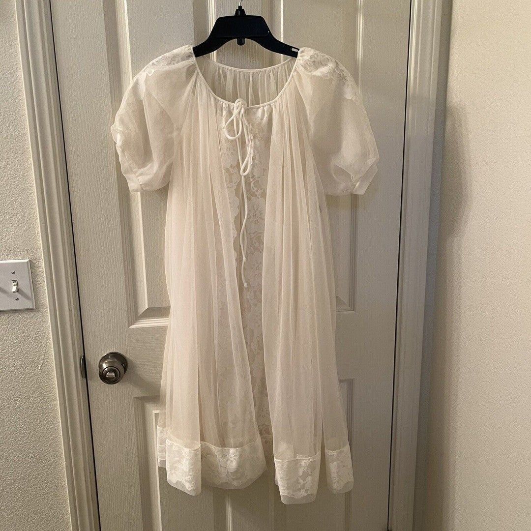 Vintage Miss Elaine Nightgown Robe Bridal Peignoir Set Union Made Off White Lace