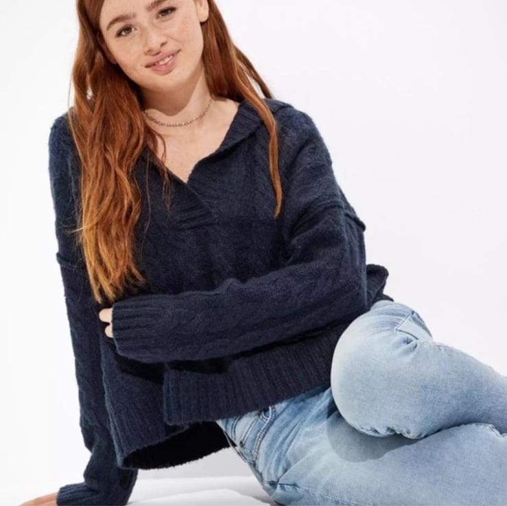 NWT American Eagle Navy Blue Soft Hooded V-Neck Oversized Sweater Size X-Small