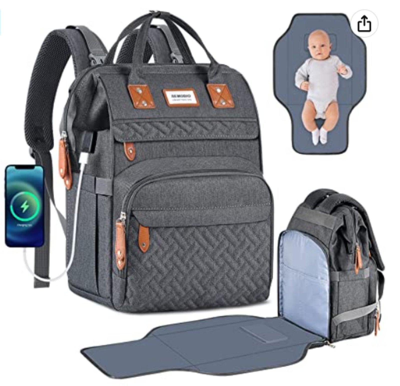 Large Travel Diaper Bag with Portable Changing Pad and USB Charging Port