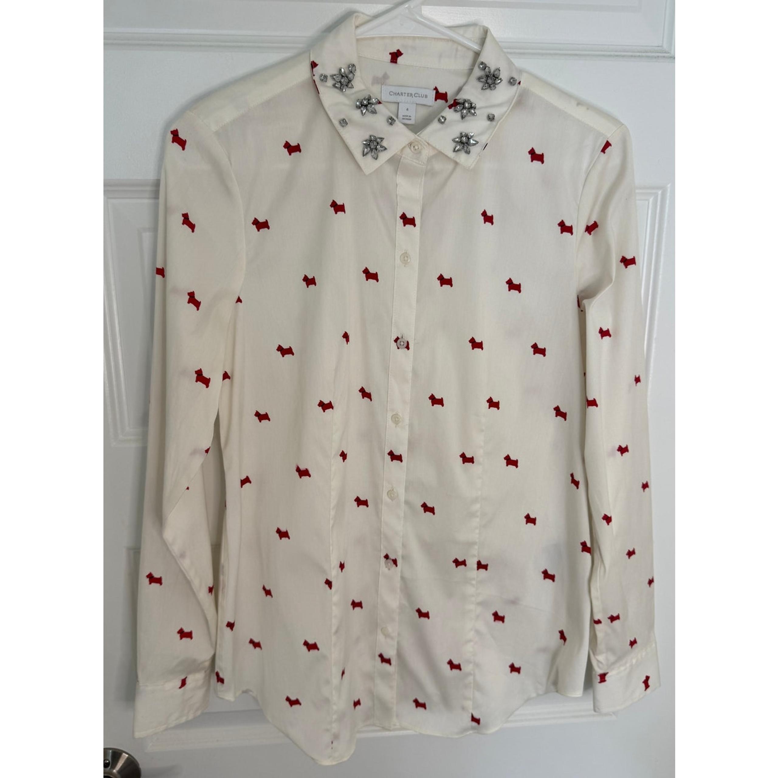Charter Club Women's Embellished Dog Print Button Down Shirt Size 4