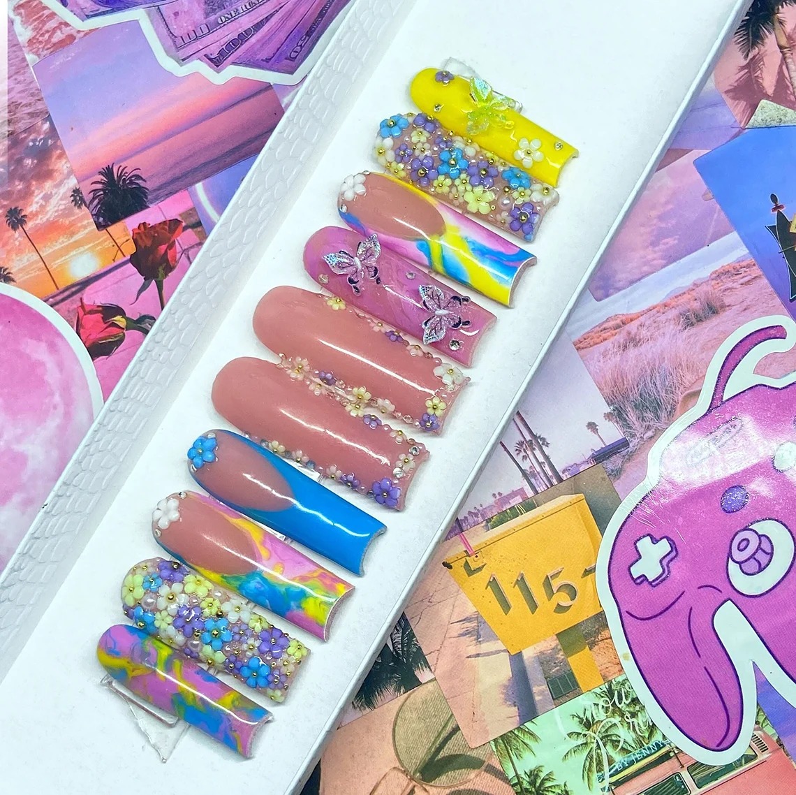 Colorful Flower Press On Nails| Pressons| French Tip Nails| Spring| Summer Nails