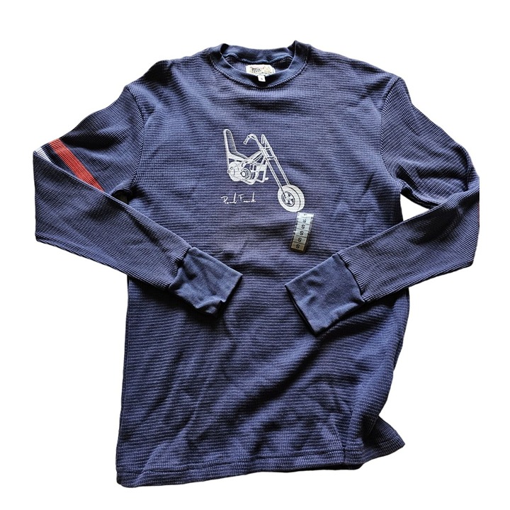 Vintage Paul Frank Mens Henley Long Sleeve, Motorcycle Shirt, Navy, Small