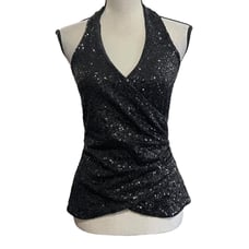 VTG Y2K Bebe Black Sequin Sparkly Wrap Tie Back Going Out Halter Top M