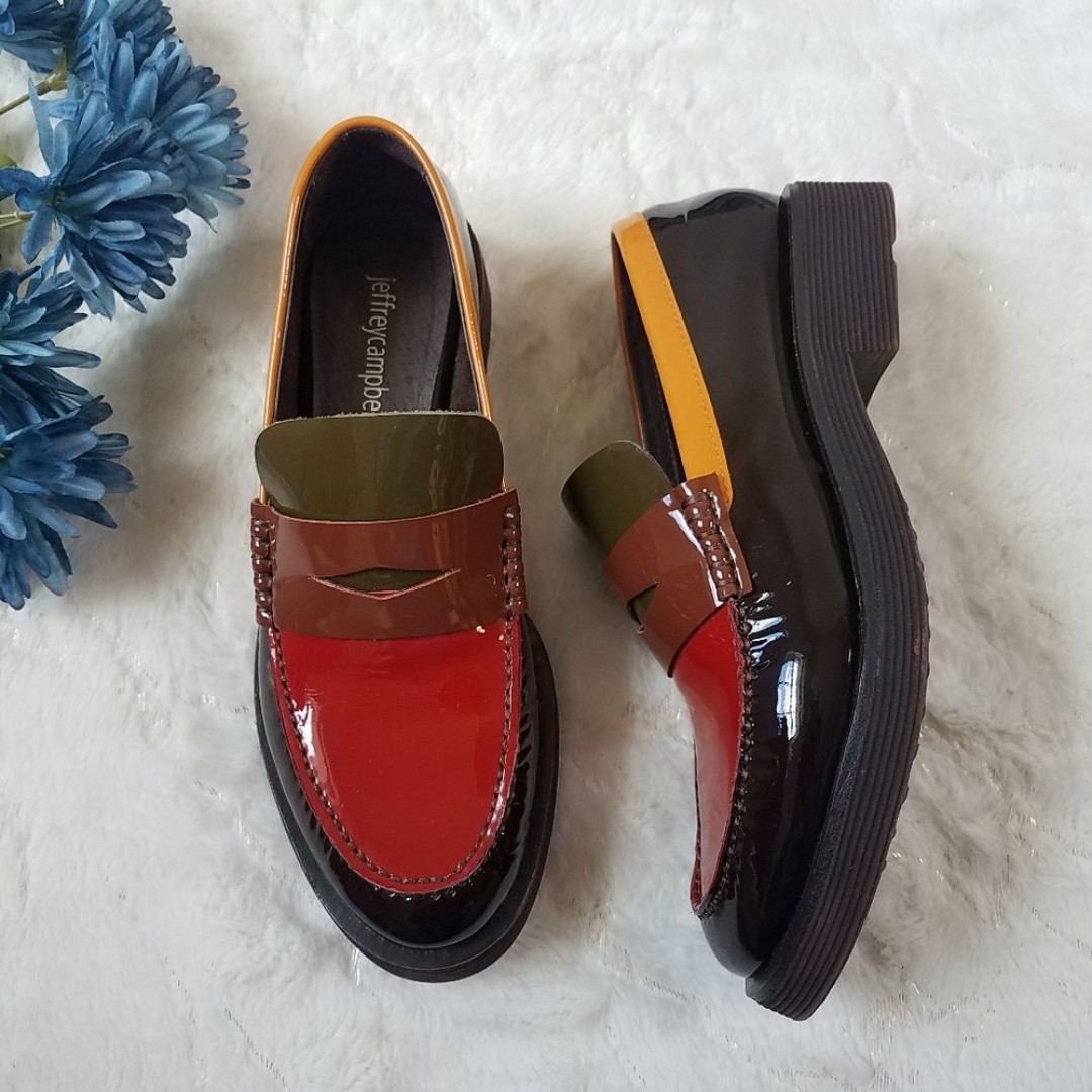 JEFFREY CAMPBELL Lenna Penny Loafer In Dark Patent Multi