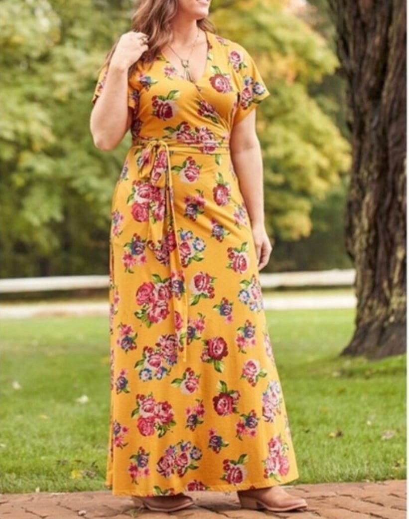 Matilda Jane Mustard Yellow Floral Alana Wrap Cotton Maxi Dress Size XL