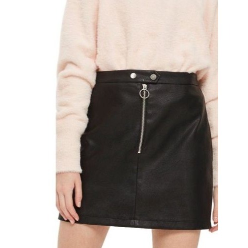Topshop Black Faux Leather A-Line Mini Skirt With Front Zip & Snap Button Detail