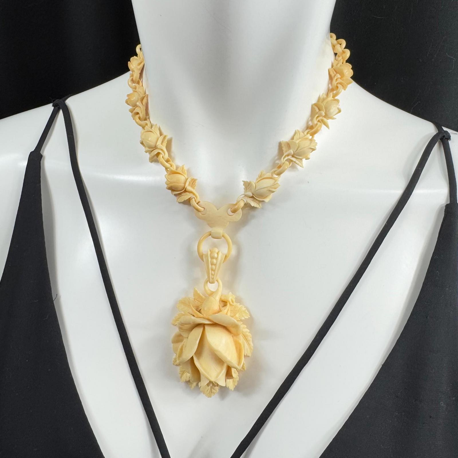 Antique French Galalith Carved Rosebud Locket Necklace, Fairy Cosplay, Fae,