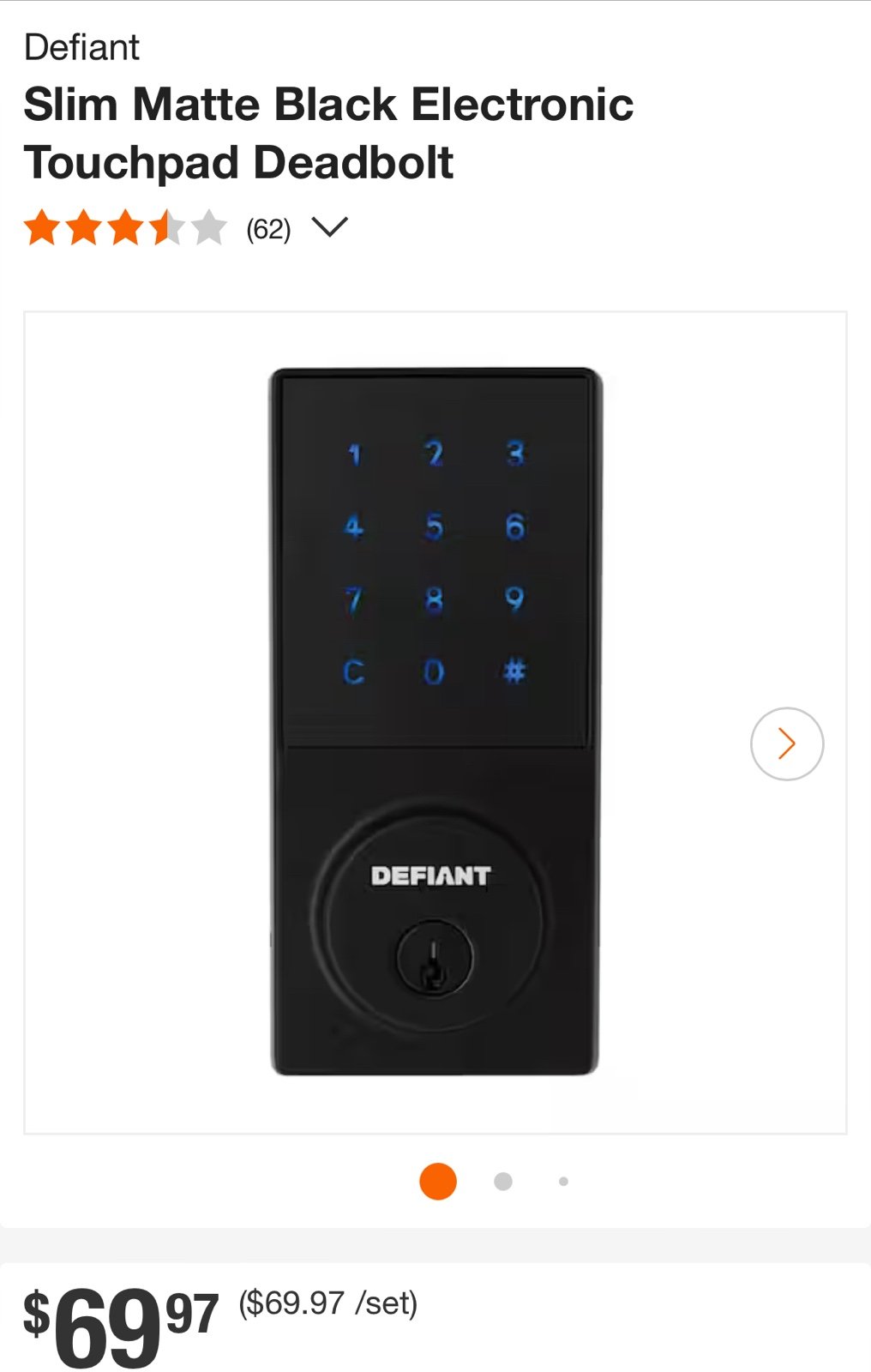 Defiant Slim Matte Black Electronic Touchpad Deadbolt