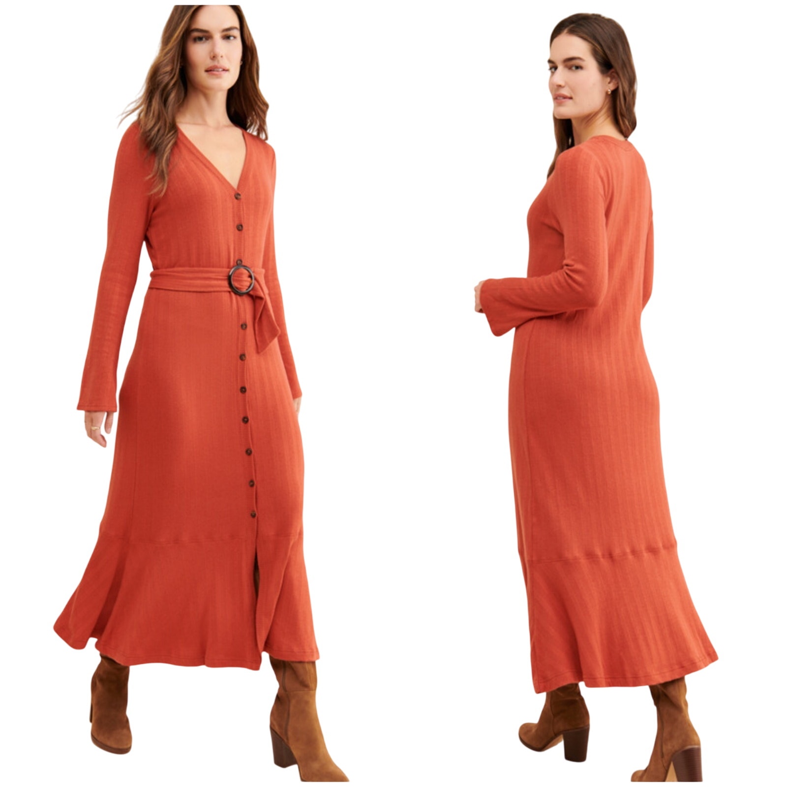 Anthropologie Dress Elsa Sweaterdress Knit Ribbed Maxi Button Belt Rust Orange S