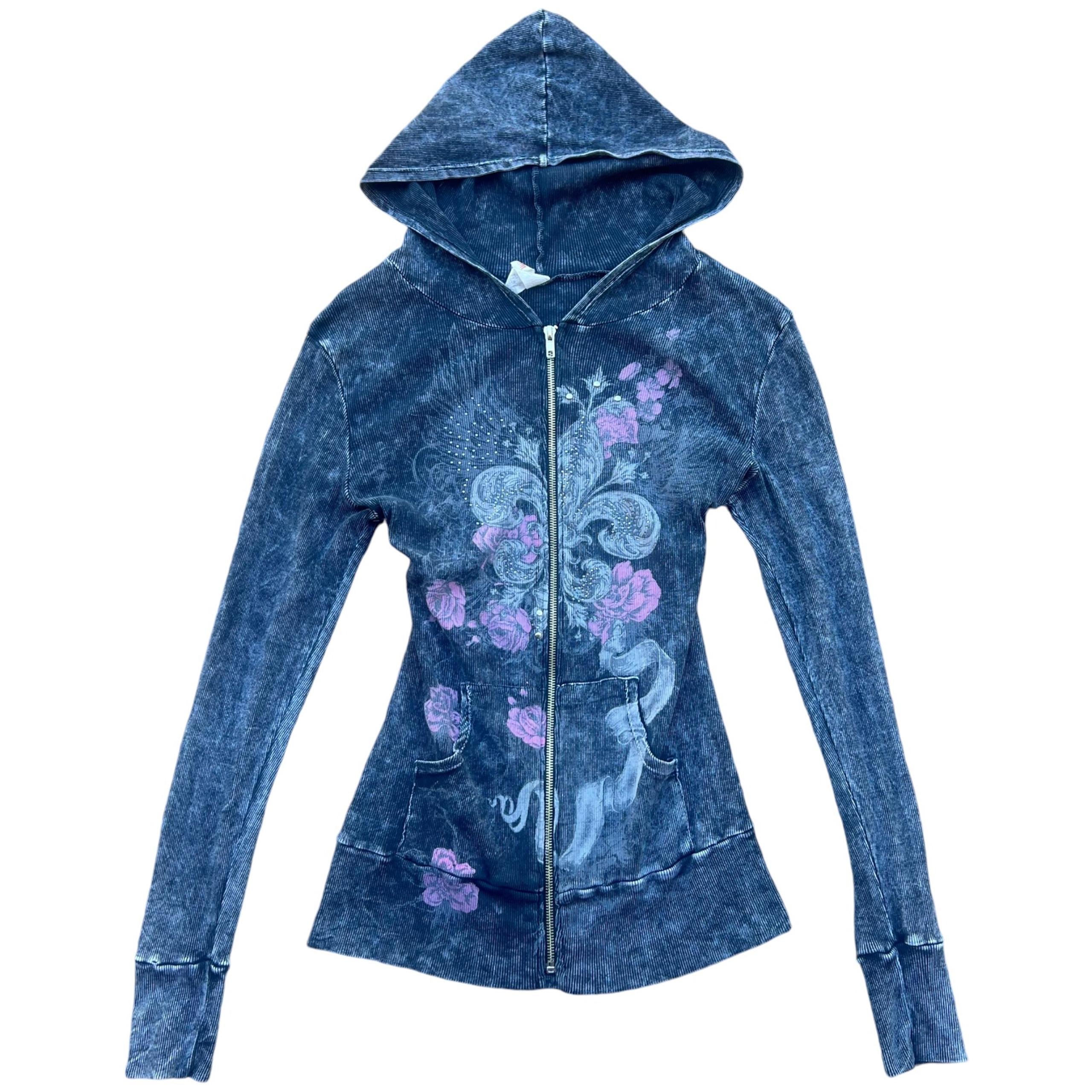 Y2K Vintage Grunge Bedazzled Fleur De Lis Zip Up Hoodie