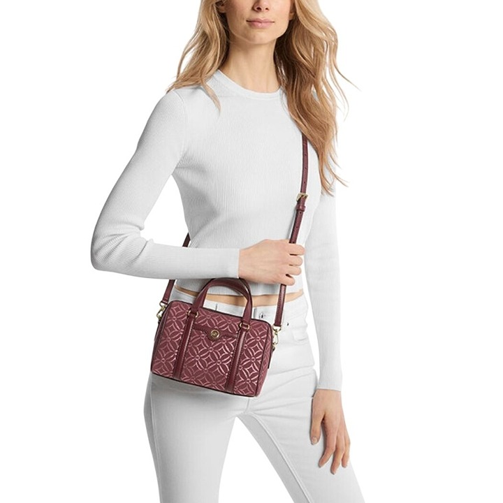 NEW Michael Kors Travel Small Leather & Canvas Duffle Crossbody Bag Oxblood NWT
