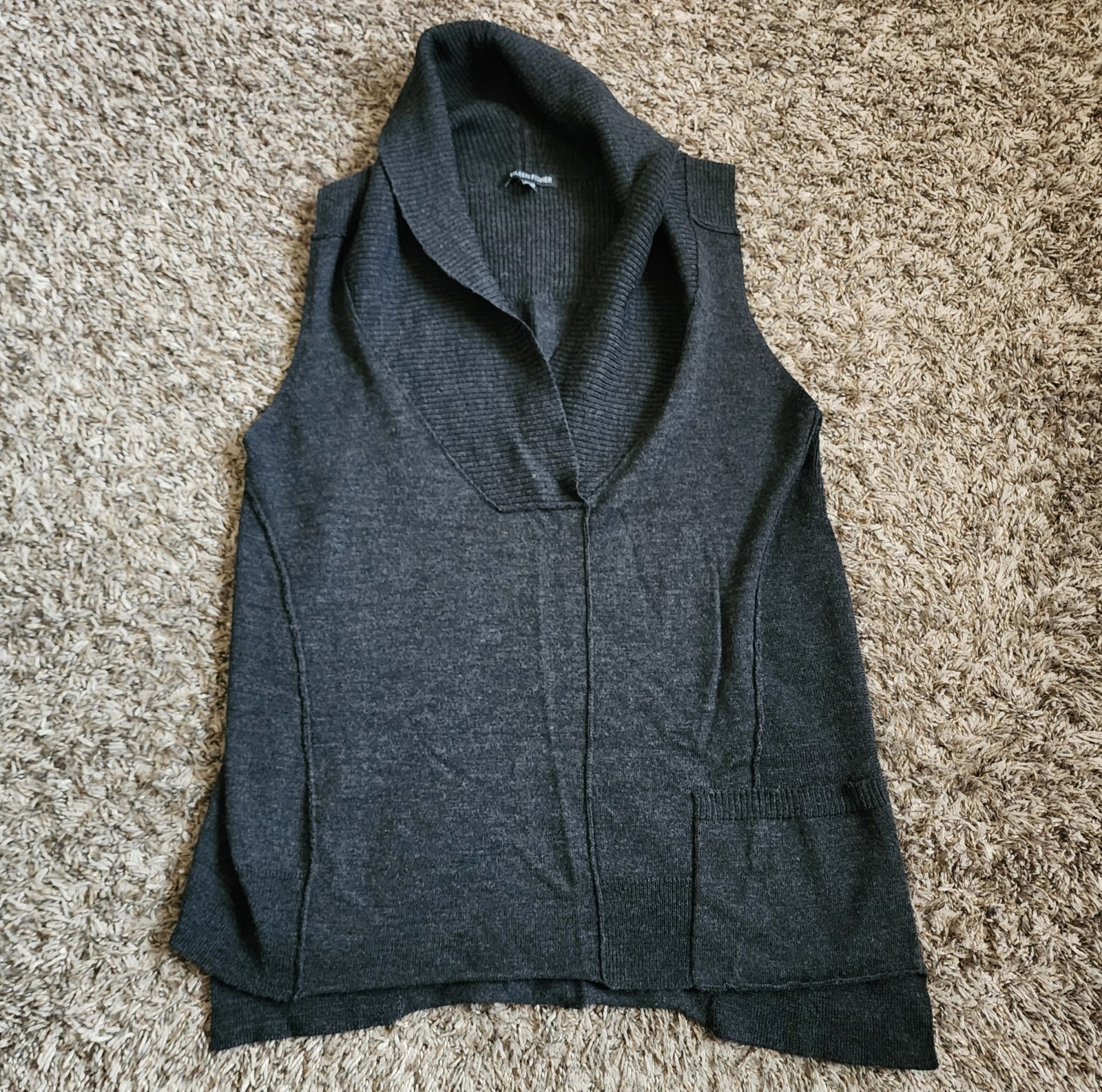 Eileen Fisher Heather Grey 100% Merino Wool Shawl Collar Sweater Vest M