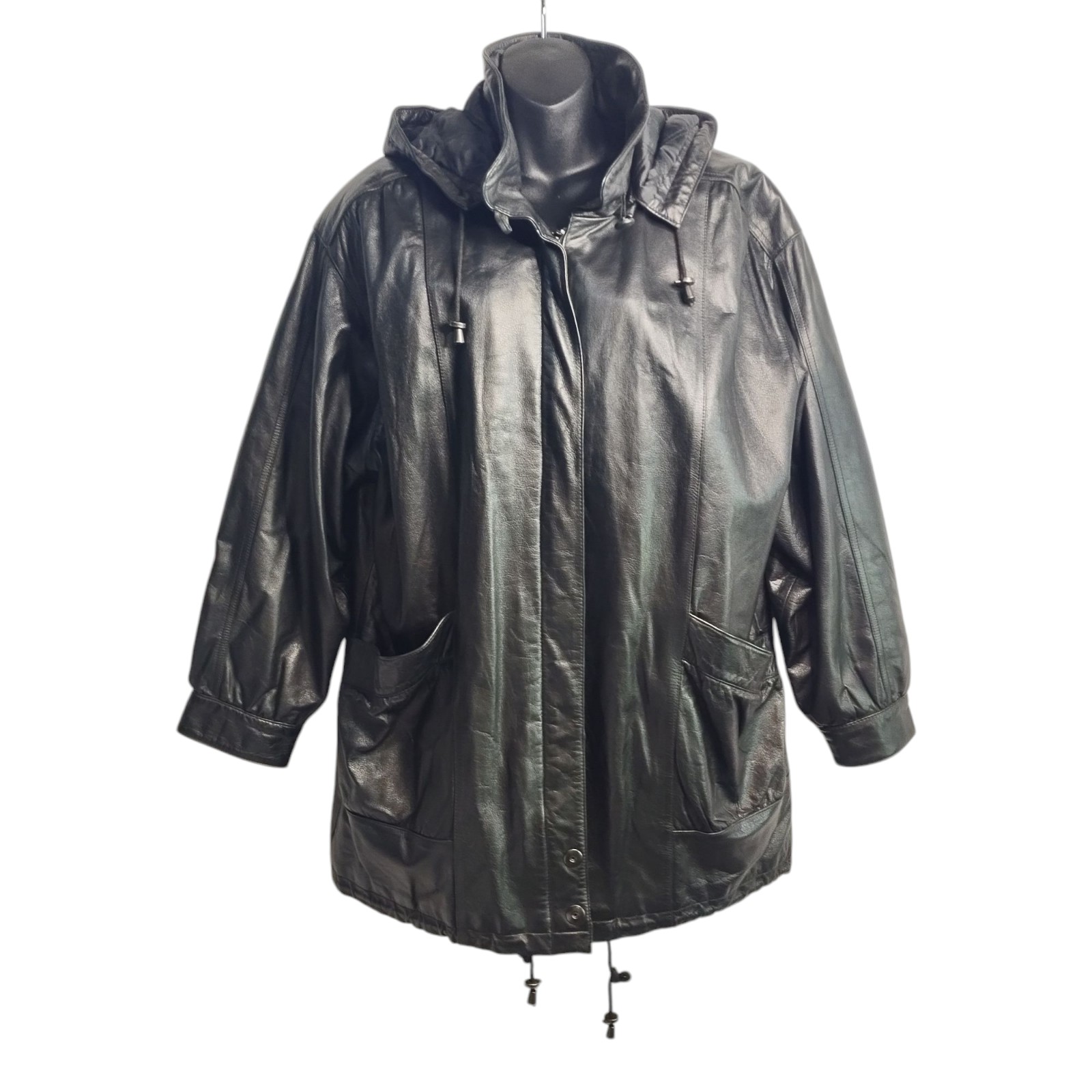 Jacqueline Ferrar Womens Black Leather Jacket Coat Removable Hood ZIP Up Sz XL