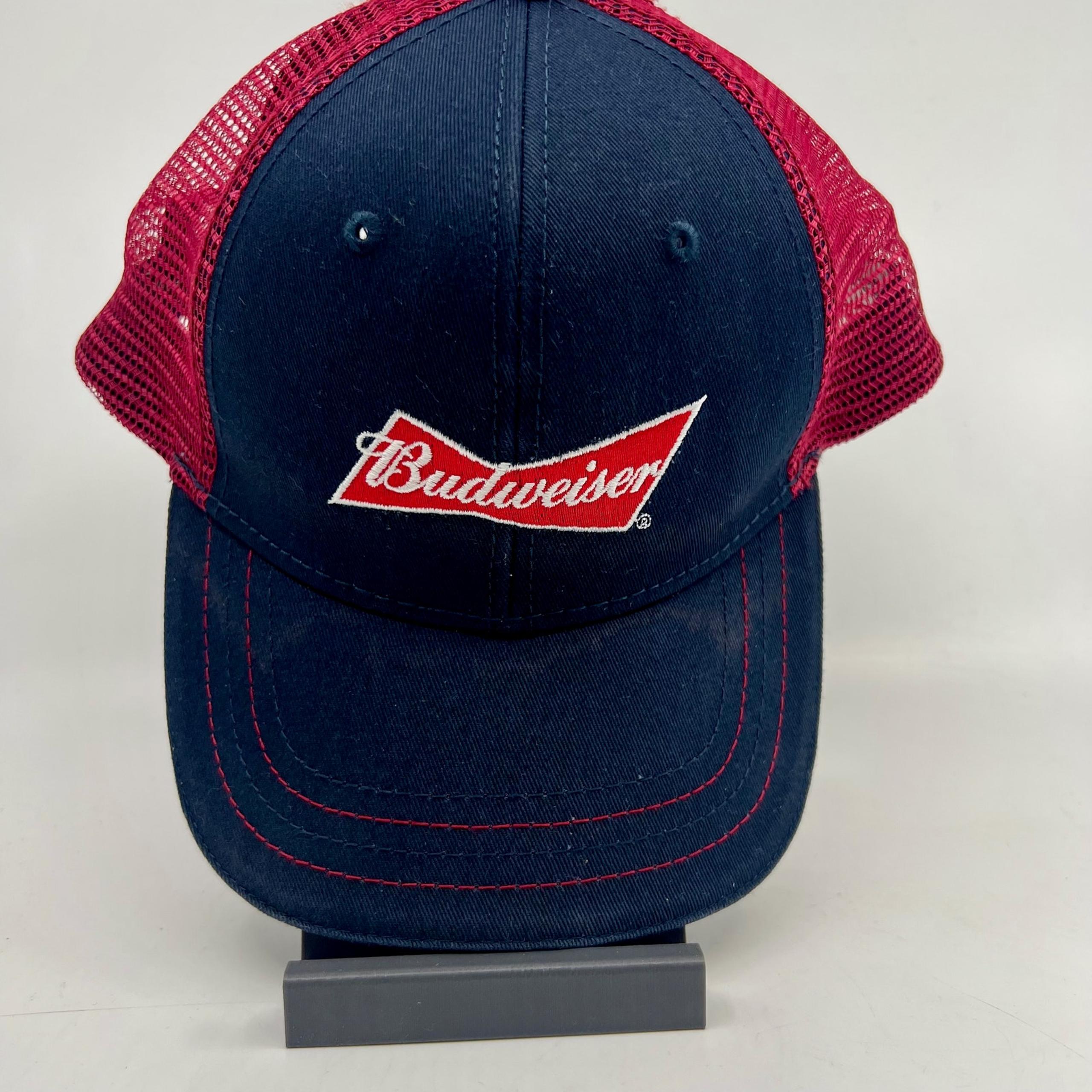 Budweiser Men's Embroidered Logo Trucker Snapback Hat Cap in Navy/Red Adjustable