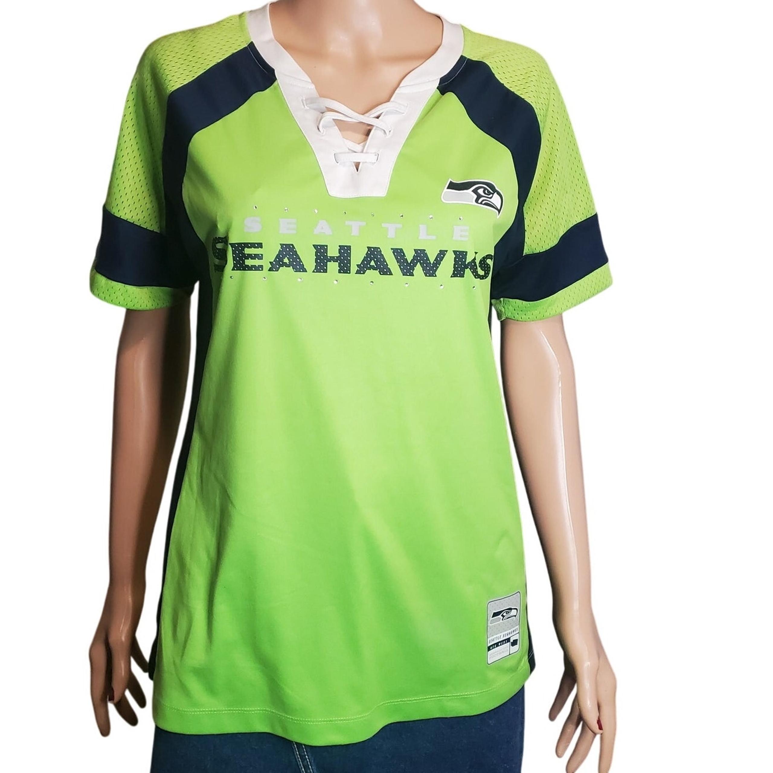 Majestic NFL Seattle Seahawks Shirt Womens Size M Bling Rhinestone Jersey Tee