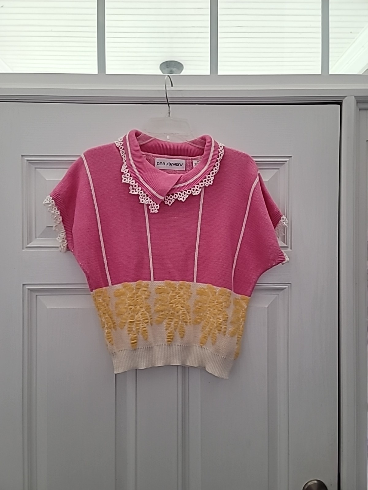 Vintage Ann Stevens Pink Yellow Sweater Size Medium Lace Country Grandma Core